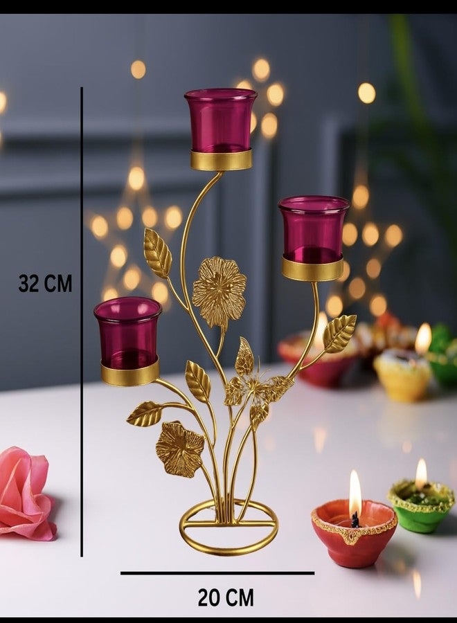 AGAAS ENTERPRISES Elegant 3-Tier Metal Candle Holder with Floral Pattern - Gold and Burgundy Votive Stand - Image 2