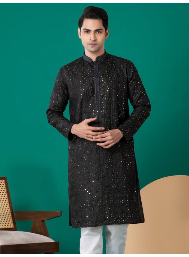 Devoiler Mens Black Thread & Sequins Work Cotton Kurta Set - Image 1