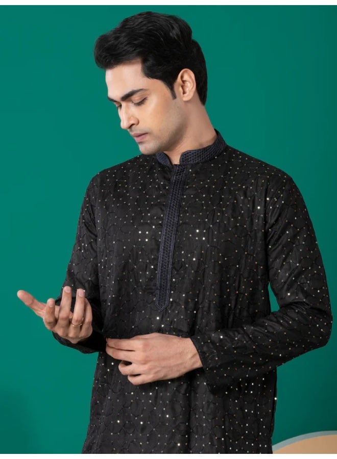 Devoiler Mens Black Thread & Sequins Work Cotton Kurta Set - Image 5
