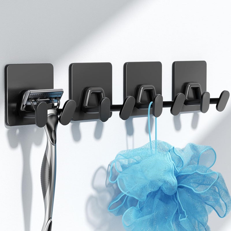 susswiff Adhesive Shower Hooks for Inside - Extra Sticky Stainless, Razor Holder Shower Accessories, Wall Mounted Self-Adhesive Double Hooks for Razor, Loofah, Towel, Shaver, Coat, Key, Matt Black, 4-Pack - Image 1