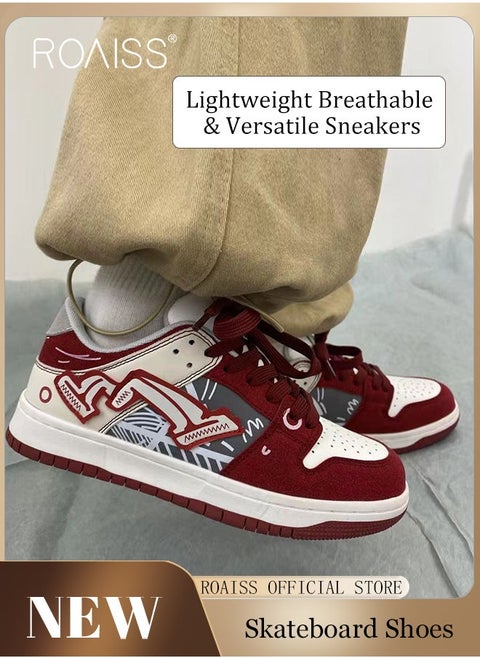 Retro Street Sports Casual Shoes Burgundy Graffiti Chunky Sneakers for Men for Commuting Skateboarding or Basketball Colorblock Sneakers