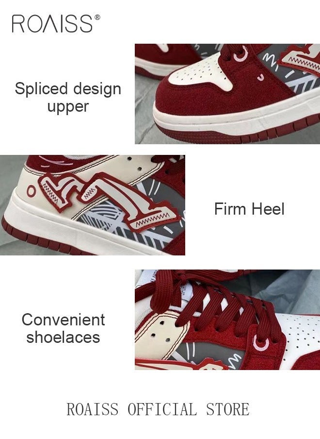 Retro Street Sports Casual Shoes Burgundy Graffiti Chunky Sneakers for Men for Commuting Skateboarding or Basketball Colorblock Sneakers