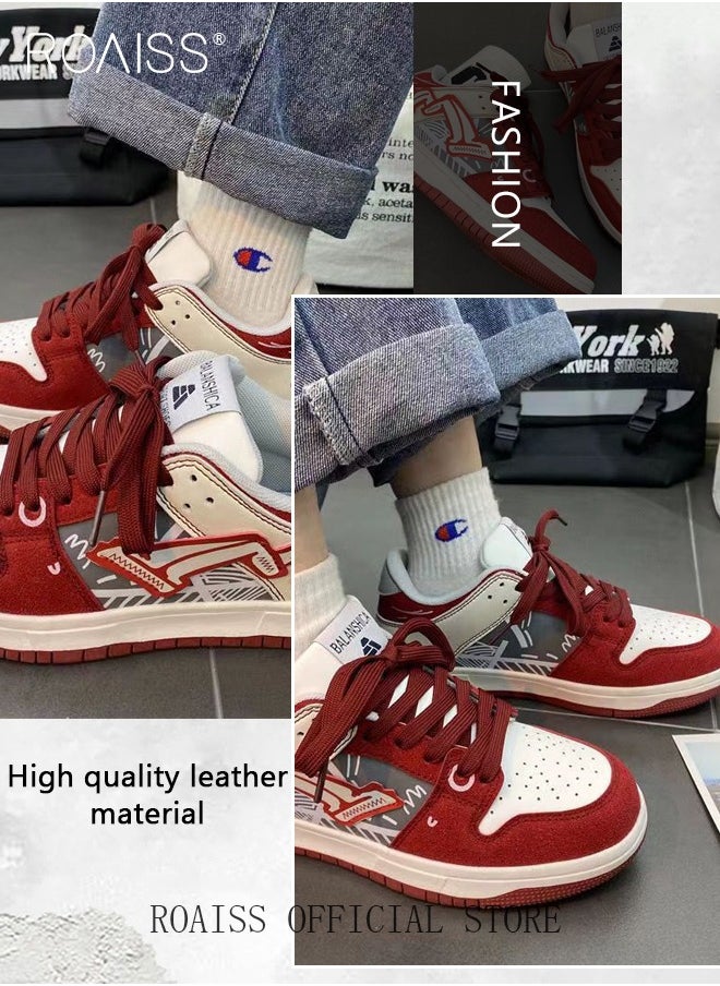Retro Street Sports Casual Shoes Burgundy Graffiti Chunky Sneakers for Men for Commuting Skateboarding or Basketball Colorblock Sneakers