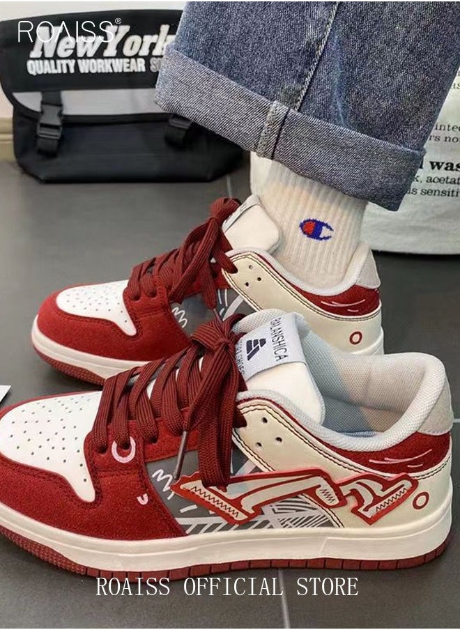 Retro Street Sports Casual Shoes Burgundy Graffiti Chunky Sneakers for Men for Commuting Skateboarding or Basketball Colorblock Sneakers
