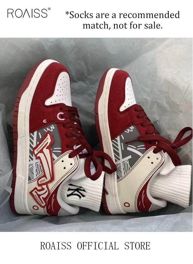 Retro Street Sports Casual Shoes Burgundy Graffiti Chunky Sneakers for Men for Commuting Skateboarding or Basketball Colorblock Sneakers