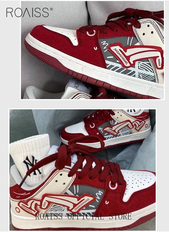 Retro Street Sports Casual Shoes Burgundy Graffiti Chunky Sneakers for Men for Commuting Skateboarding or Basketball Colorblock Sneakers