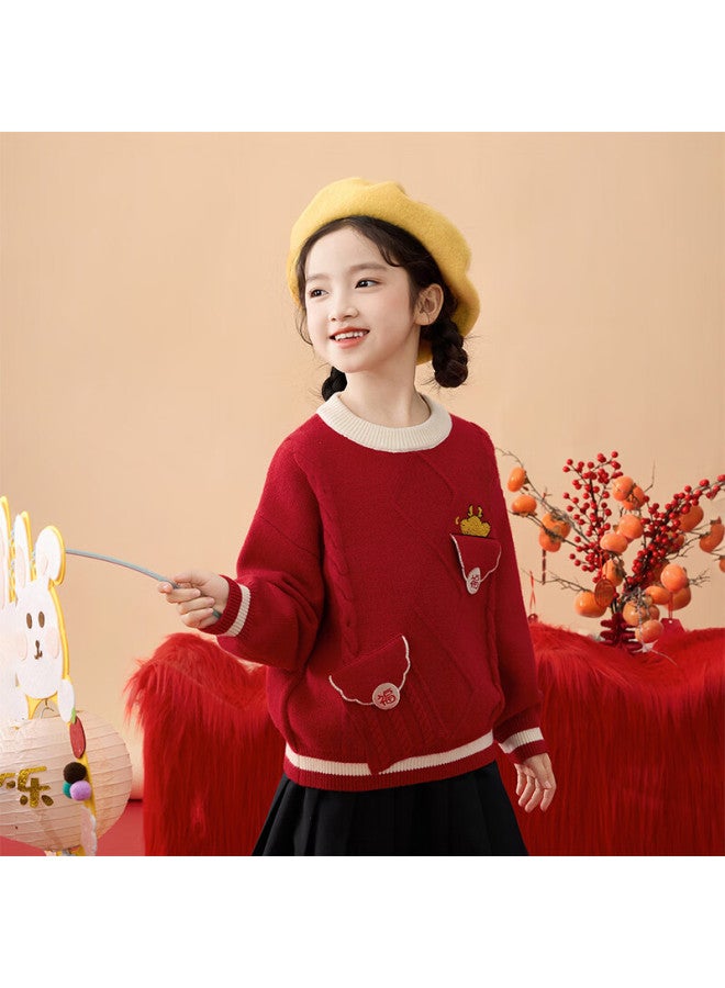 Xiaoyinman Girls Sweater  Winter Kids Warm Knitwear Fashion Embroidered Fu Character Top New Year Outfit