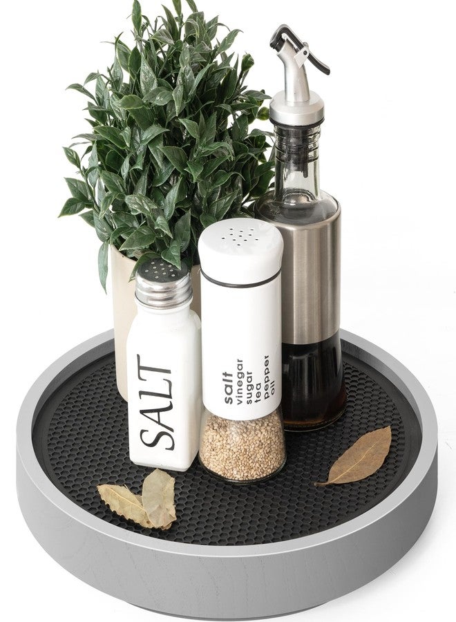 EOSAHR Farmhouse Non-Skid Wooden Lazy Susan for Countertop - 10.5" Lazy Susan Organizer as Spice Rack & Bathroom Counter Organizer with Rubber Mat - Perfect for Kitchen Counter Tray (Gray) - Image 1