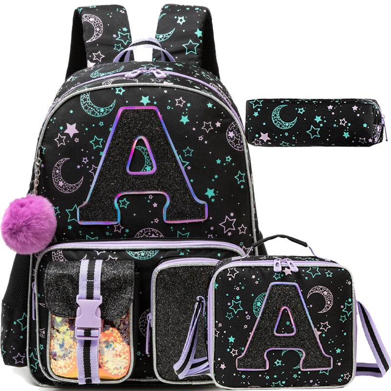 HTgroce Backpacks for Girls School Bag Kids Black Bookbag for Elementary Students Kids Backpack with Lunch Box and Pencil Case - Image 2