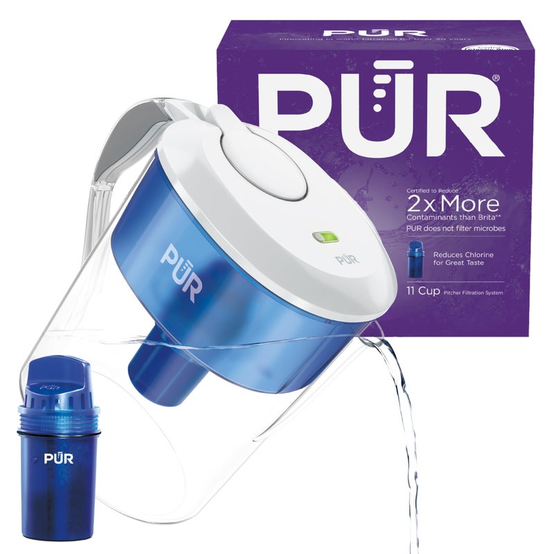 PUR 11Cup Water Pitcher 1 Genuine PUR Filter Cleaner Greattasting Water Dishwasher Safe Powerful Filtration Filter Change Light Indicator LockFit Cap Design  White