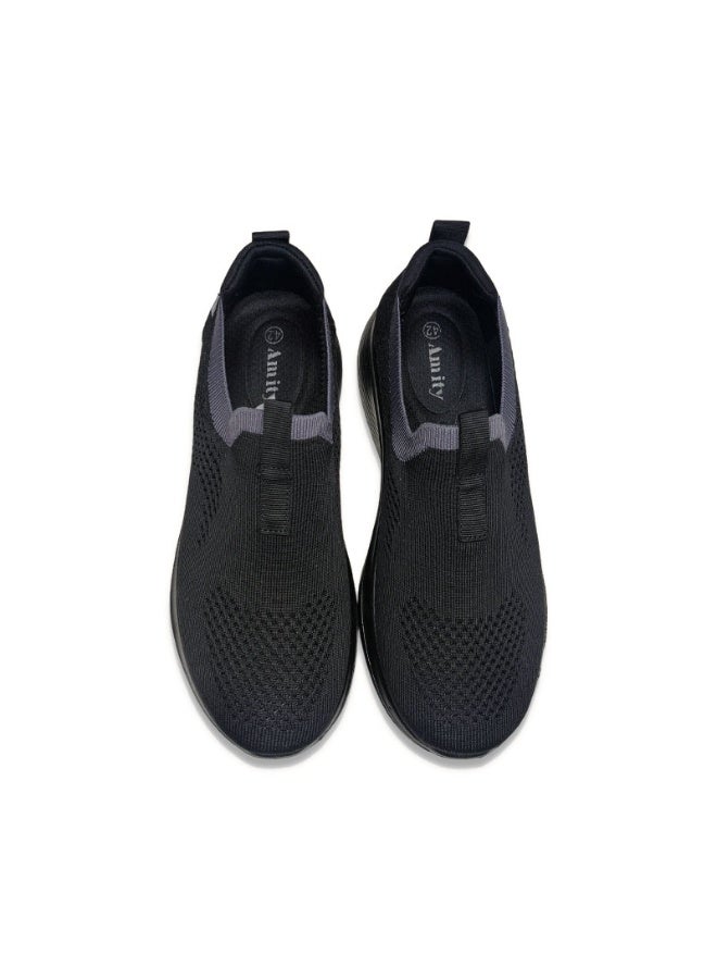 Men Black Breathable Slip‑on Knit Sneakers, Lightweight Soft Sole Daily Walking Shoes - Image 2