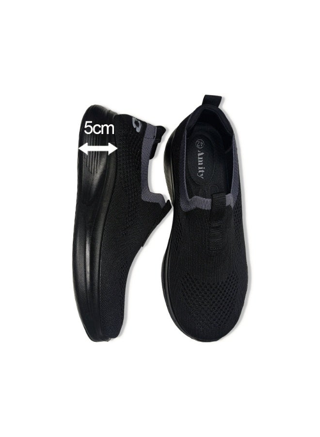 Men Black Breathable Slip‑on Knit Sneakers, Lightweight Soft Sole Daily Walking Shoes - Image 4