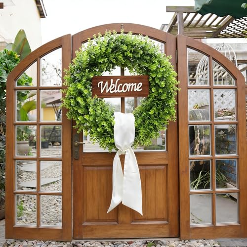 ChrisXiao 20'' Boxwood Wreath for Front Door Artificial Spring Wreath, All Year Round Farmhouse Green Wreath with Welcome Sign Bow & Beige Sash, Foldable Indoor Outdoor for Wedding Window Wall Decor - Image 3