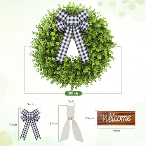 ChrisXiao 20'' Boxwood Wreath for Front Door Artificial Spring Wreath, All Year Round Farmhouse Green Wreath with Welcome Sign Bow & Beige Sash, Foldable Indoor Outdoor for Wedding Window Wall Decor - Image 5