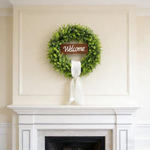 ChrisXiao 20'' Boxwood Wreath for Front Door Artificial Spring Wreath, All Year Round Farmhouse Green Wreath with Welcome Sign Bow & Beige Sash, Foldable Indoor Outdoor for Wedding Window Wall Decor - Image 4