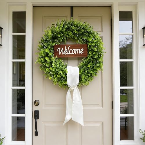 ChrisXiao 20'' Boxwood Wreath for Front Door Artificial Spring Wreath, All Year Round Farmhouse Green Wreath with Welcome Sign Bow & Beige Sash, Foldable Indoor Outdoor for Wedding Window Wall Decor - Image 2