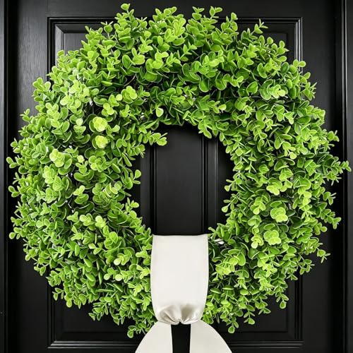 ChrisXiao 20'' Boxwood Wreath for Front Door Artificial Spring Wreath, All Year Round Farmhouse Green Wreath with Welcome Sign Bow & Beige Sash, Foldable Indoor Outdoor for Wedding Window Wall Decor - Image 1