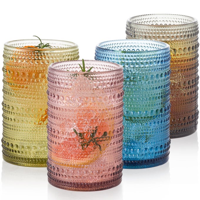 VINTAGE GLASSWARE SET 4PCS MULTICOLOR 152OZ HOBNAIL DRINKING GLASSES FOR BEER COCKTAIL SODA JUICE EMBOSSED OLD FASHIONED GLASSWARE WITH FOUR UNIQUE COLORS