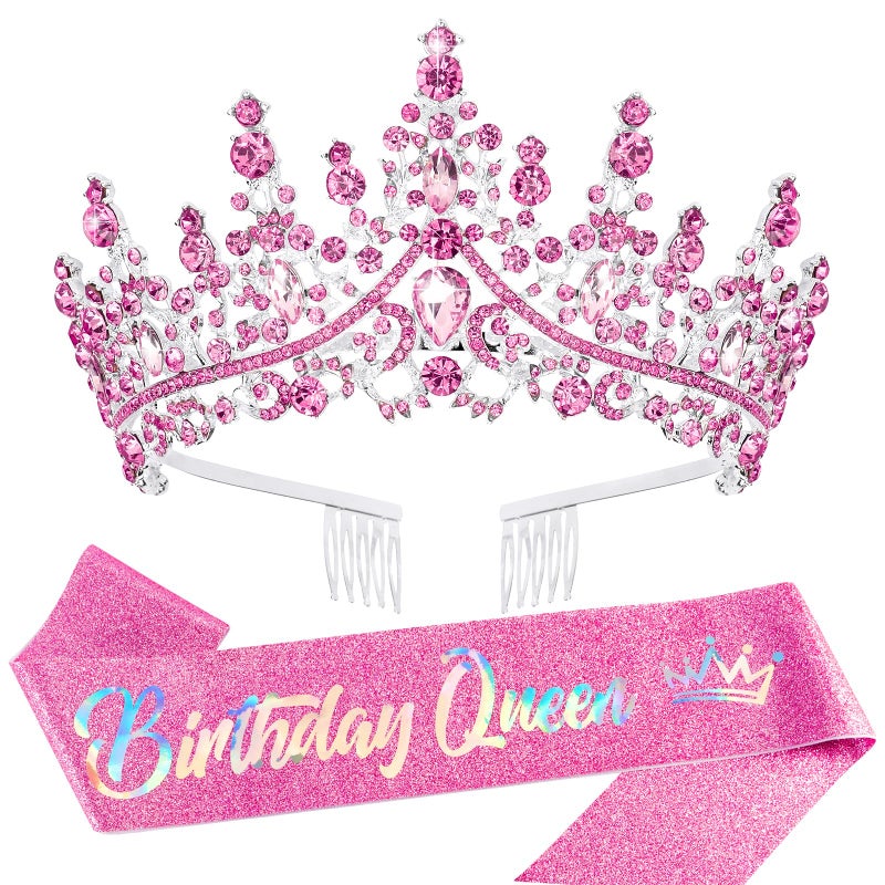 Velscrun Pink Crystal Birthday Queen Tiara Crown for Women Girls Birthday Queen Headband Sash Elegant Princess Crown with Combs Hair Accessories Happy Birth Party Decorations Mom Birth Gift - Image 1