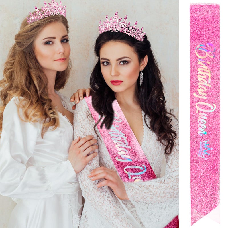 Velscrun Pink Crystal Birthday Queen Tiara Crown for Women Girls Birthday Queen Headband Sash Elegant Princess Crown with Combs Hair Accessories Happy Birth Party Decorations Mom Birth Gift - Image 2