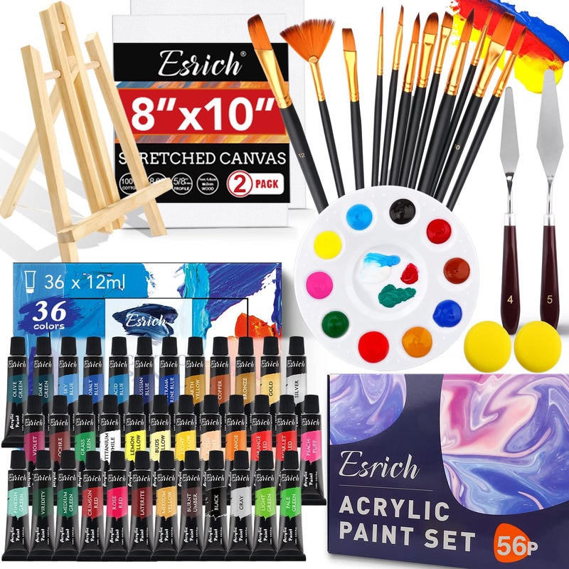 Acrylic Paint Set56 PCS Professional Painting Supplies with Paint Brushes 36 Colors Acrylic Paints 1 Easel 2 Painting Canvases Palette Paint Knives and Art Sponges for Hobbyists and Beginners