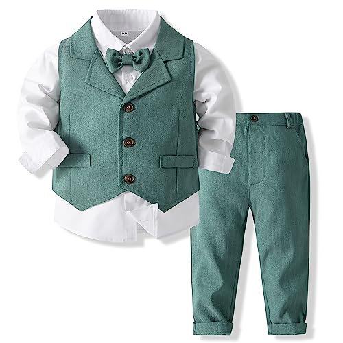 Kimocat Baby Boys Gentleman Bowtie Formal Outfit Suits Tuxedo Vest Wedding Party Suit (as1, Age, 24_Months, Green) - Image 1