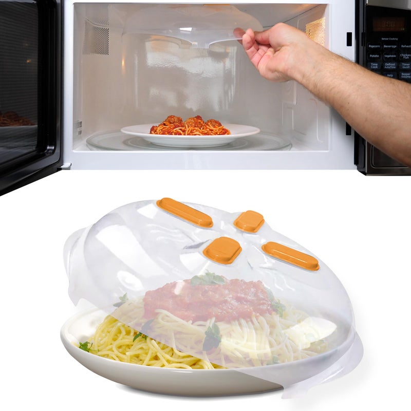 HOVER COVER Magnetic Microwave Cover for Food  Clear Microwave Splatter Cover  Microwave Plate Cover with Steam Vents  Food Grade Dish Cover  BPAFree  Dishwasher Safe  Orange