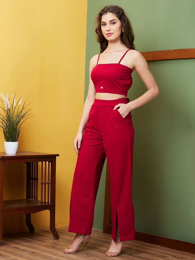 globus Women Red Solid Shoulder Straps Party Co-Ord Set
