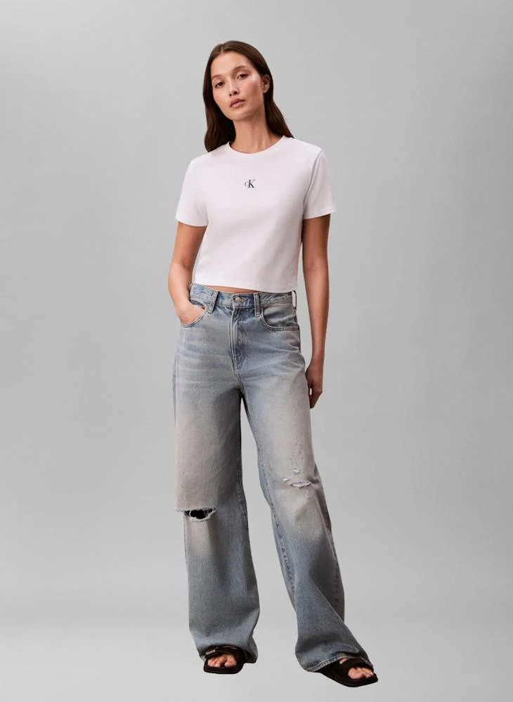 Calvin Klein Jeans Bright White Cropped Monogram T-Shirt for Women | Best Price UAE