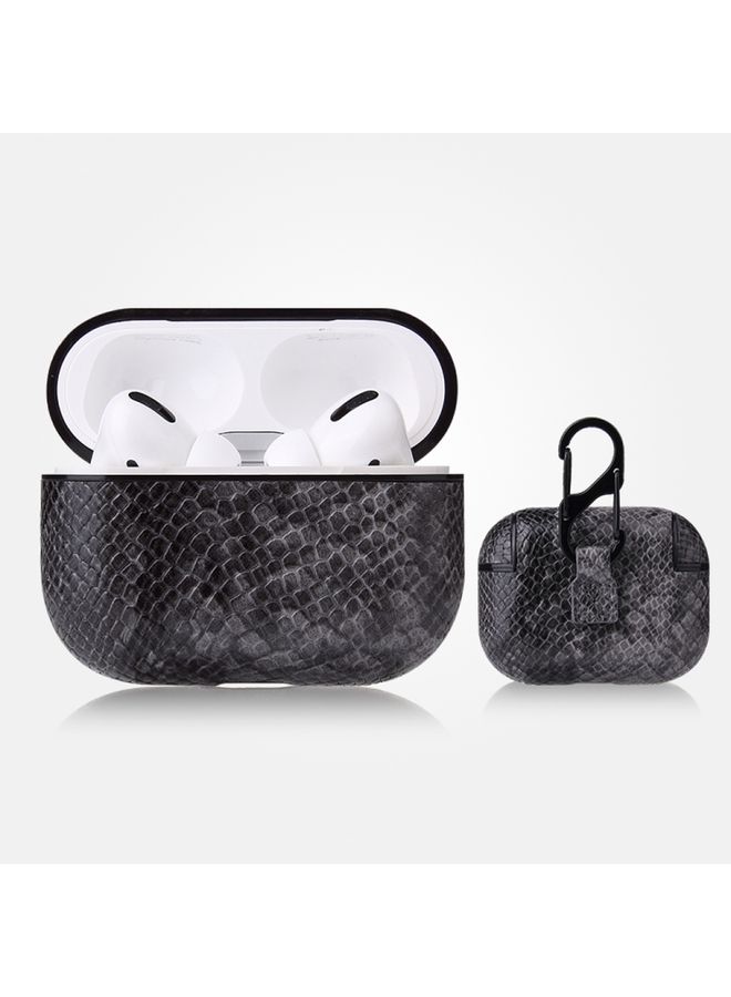 Raxoom Case Cover For AirPods Pro Anti-fall Snakeskin Texture PU Leather Protective Case with Carabiner Gray