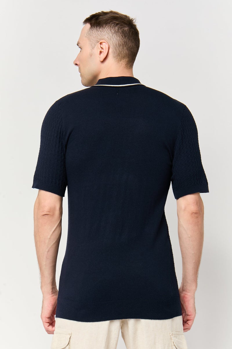 Threadbare Men Regular Fit Textured Short Sleeve Polo Shirt, Navy - Image 4