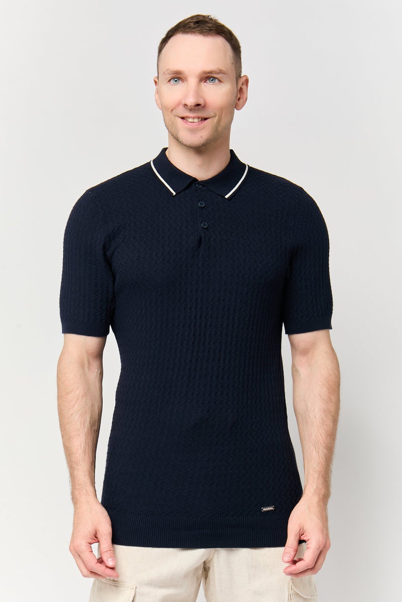 Threadbare Men Regular Fit Textured Short Sleeve Polo Shirt, Navy - Image 1
