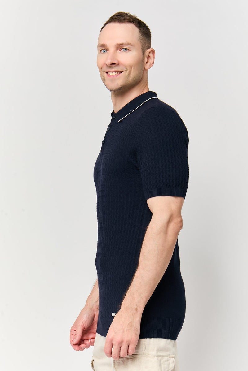Threadbare Men Regular Fit Textured Short Sleeve Polo Shirt, Navy - Image 3