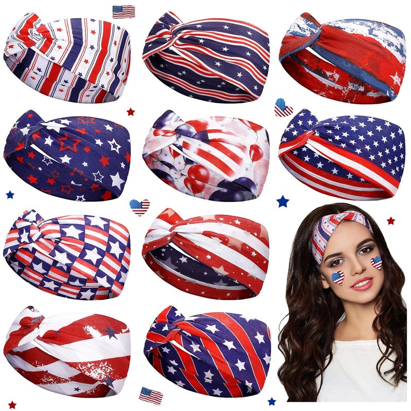 10 Pcs American Flag Red White  Blue Headbands  Patriotic USA Twisted Stretchy Athletic Hair Accessories for 4th of July Independence Day Memorial Day Gifts for Girls