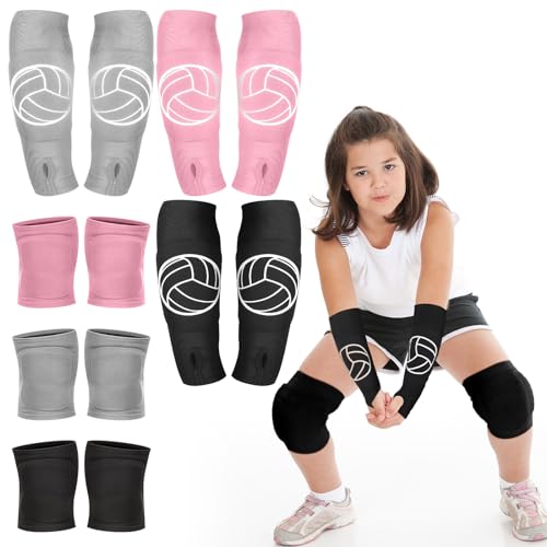 Sosation 3 Set Volleyball Arm Sleeves and Knee Pads for Kids Soft Forearm Sleeves with Protection Pad Thumbhole Volleyball Accessories for Training Youth Girls Boys 58 Years Old Pink Black Gray - Image 1