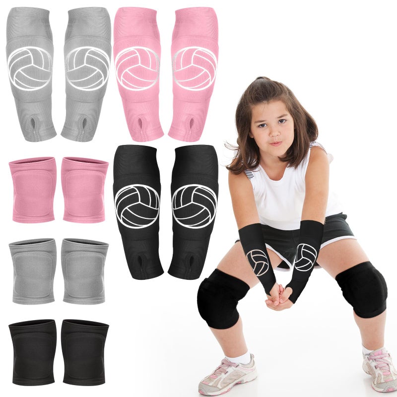 Sosation 3 Set Volleyball Arm Sleeves and Knee Pads for Kids Soft Forearm Sleeves with Protection Pad Thumbhole Volleyball Accessories for Training Youth Girls Boys 58 Years Old Pink Black Gray - Image 2