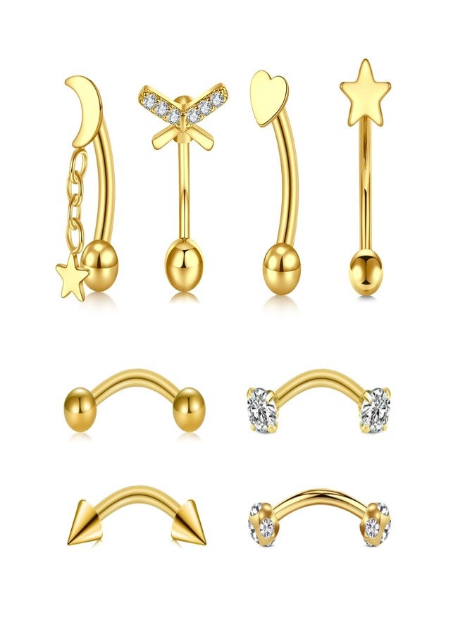 FECTAS 16G Gold Rook Piercing Jewelry Eyebrow Rings for Women Rook Earrings Tragus Daith Cartilage Lip Belly Surface Curved Barbell Piercing Jewelry 8mm - Image 1