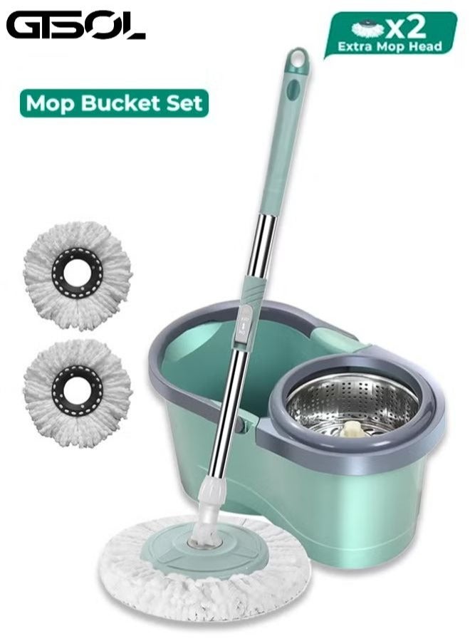 Spin Mop For Floor Cleaning, Stainless Steel Mop and Bucket With Telescopic Handle, Hands Free Wringing, Floor Mop With 10L Large Capacity and Reusable Refills For Home Office(Grey/Green)