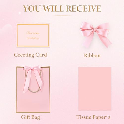 JMANNI Pink Gift Bags with Handles Valentines Gift Bags with Tissue Paper 1PCS Gift Bags with Ribbon and 1 Cards 2 Tissue Paper for Valentines Day Baby Shower Birthday Party Wedding Mothers Day - Image 5