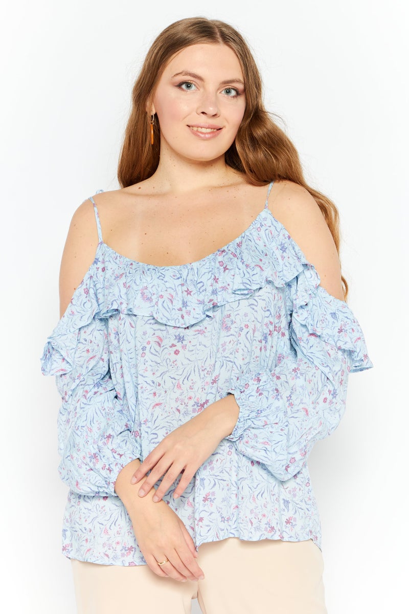 INC Women Scoop Neck Cold Shoulder Sleeves Floral Print Blouse, Light Blue - Image 1