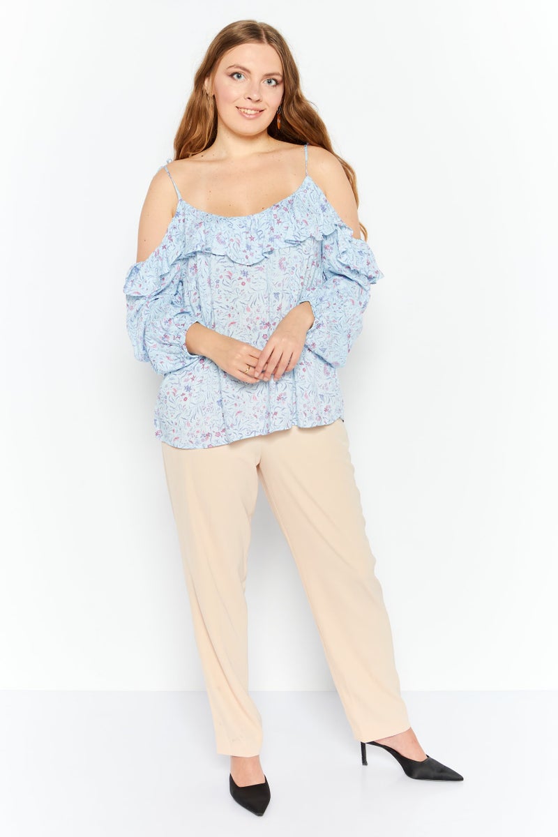 INC Women Scoop Neck Cold Shoulder Sleeves Floral Print Blouse, Light Blue - Image 2