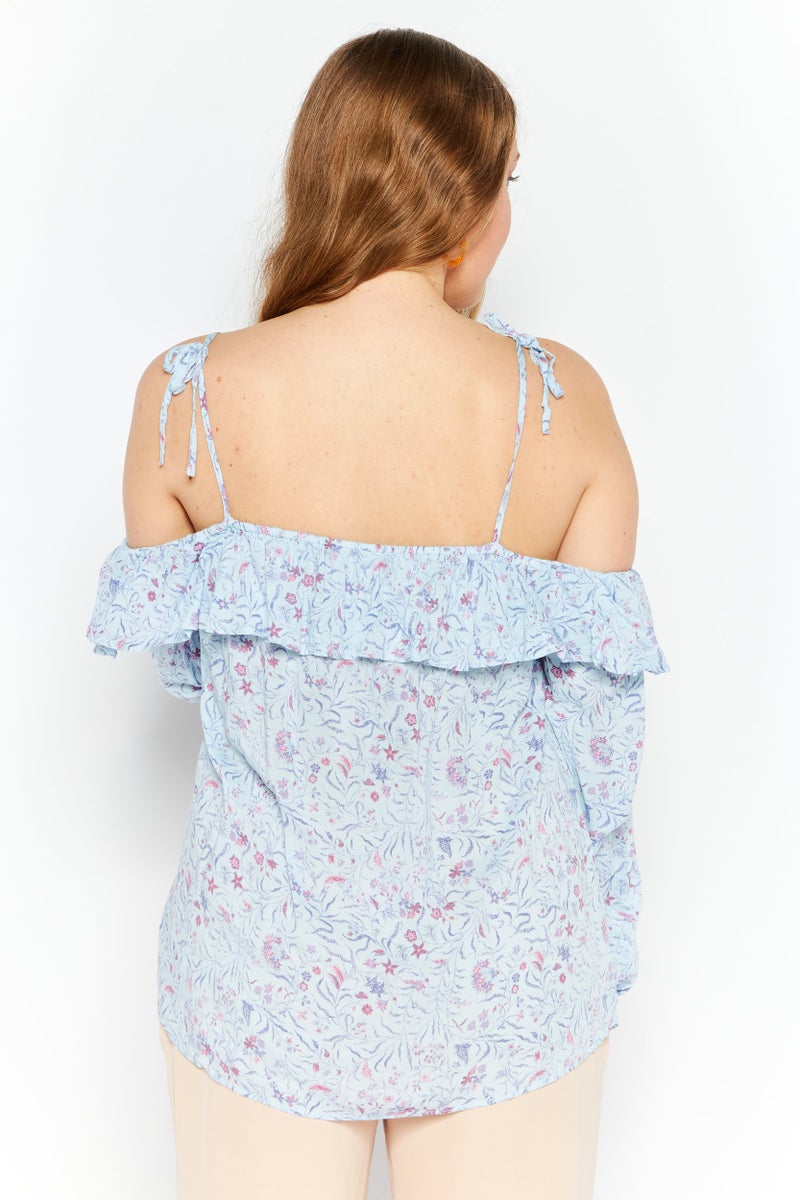 INC Women Scoop Neck Cold Shoulder Sleeves Floral Print Blouse, Light Blue - Image 3