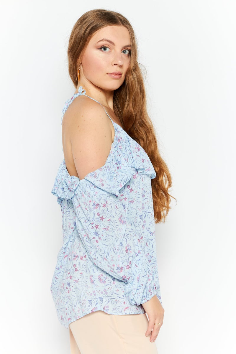 INC Women Scoop Neck Cold Shoulder Sleeves Floral Print Blouse, Light Blue - Image 4