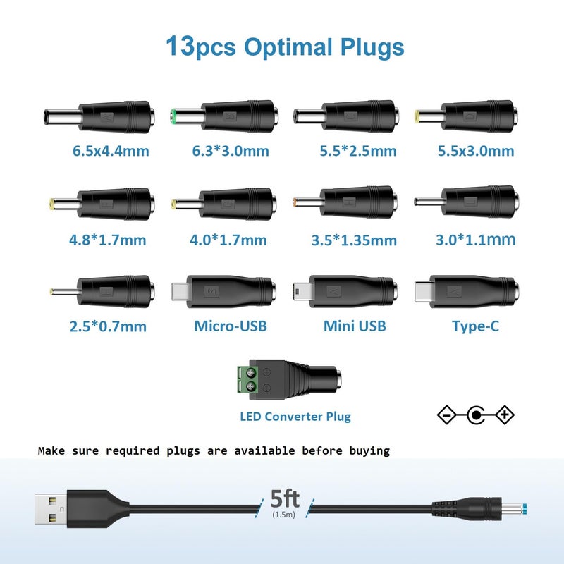 Powseed كابل طاقة عالمي DC 5V من باوسيد، كابل شحن USB إلى DC مع 13 قطعة من محولات التوصيل للكاميرا، جهاز التوجيه، بنك الطاقة، الألعاب، المسجل، مكبر الصوت بلوتوث، الماسح الضوئي، DVR، صندوق القرص الصلب، USB-HUB وغيرها. - Image 4