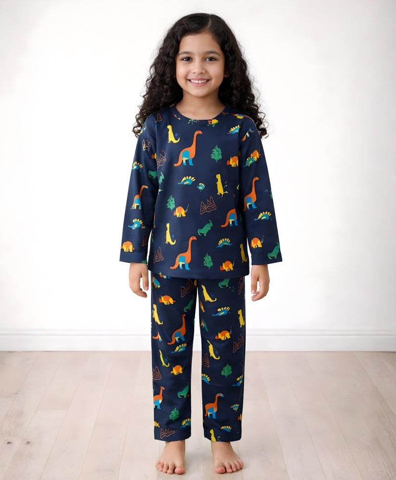 Anthrilo Pajama T-Shirt Set for Girls | Kids Night Suit for Girls | Nightwear | 100% Cotton Pyjama Set Dinosaur Fun Navy Print | Long Sleeve T-Shirt and Pajama | 5-6 Years - Image 2
