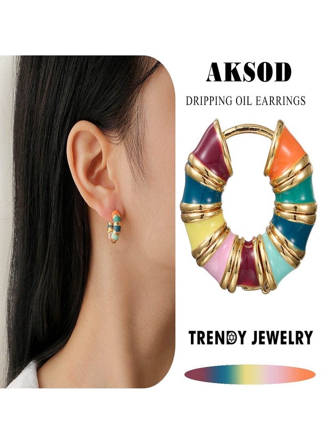 Aksod Enamel Bamboo Hoop Earrings Colorful Dripping Oil Huggie Earrings Circle Vintage Trendy Huggy Earrings Jewelry for Women (Style A) - Image 2