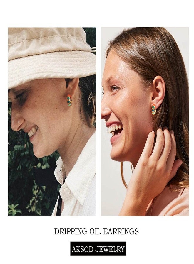 Aksod Enamel Bamboo Hoop Earrings Colorful Dripping Oil Huggie Earrings Circle Vintage Trendy Huggy Earrings Jewelry for Women (Style A) - Image 5