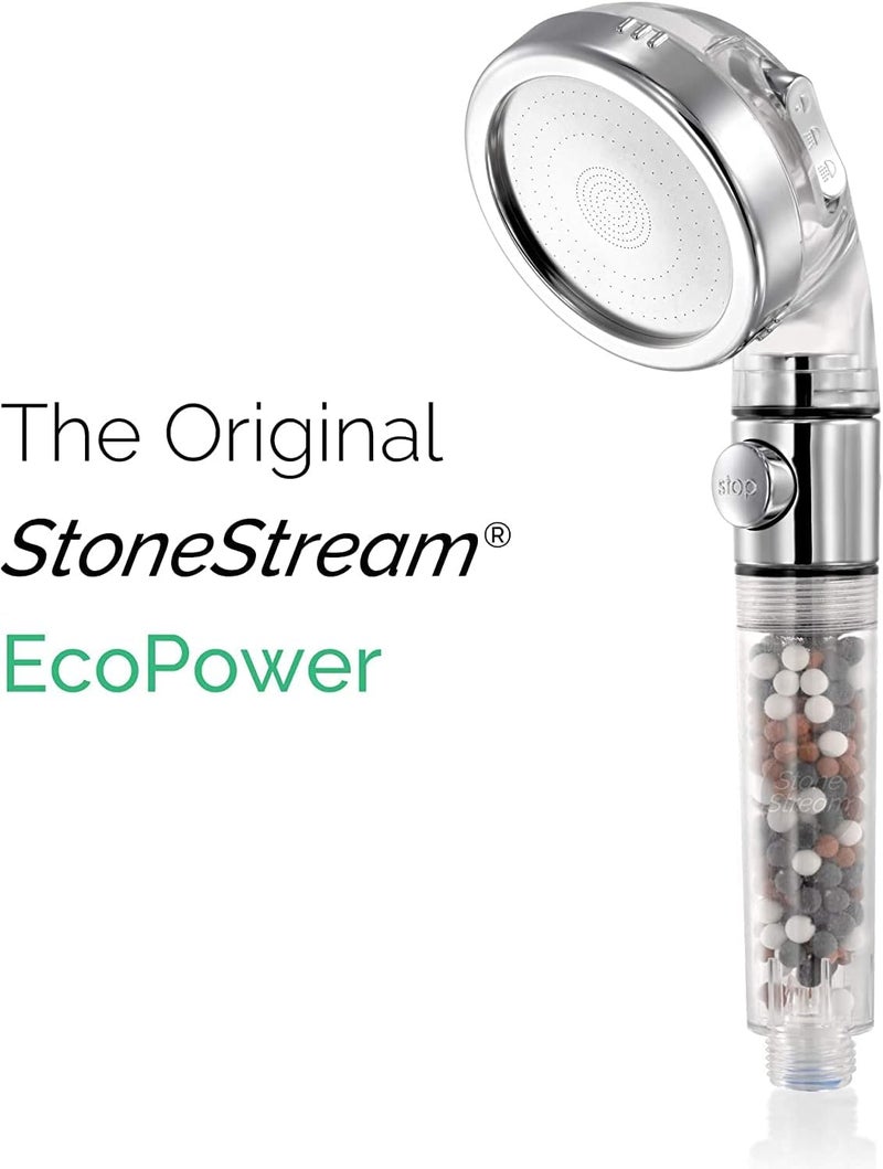 StoneStream Original Filtered Shower Head, Eco Power High Pressure Water Softener Showerhead with ON/OFF switch and Spa like Ionic beads for Dry Skin & Hair — 3 Spray Settings - Image 3