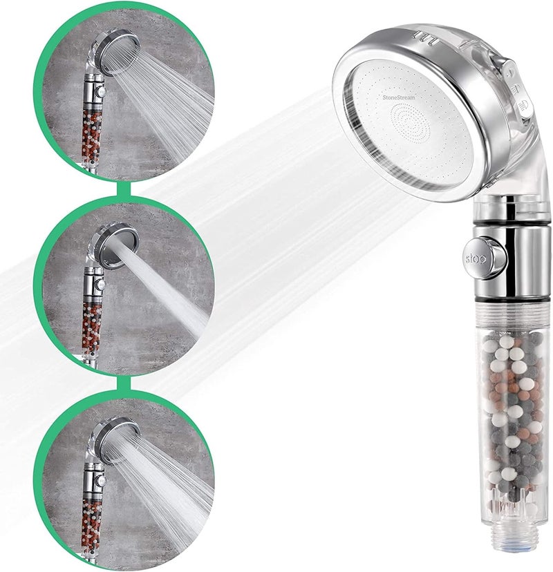 StoneStream Original Filtered Shower Head, Eco Power High Pressure Water Softener Showerhead with ON/OFF switch and Spa like Ionic beads for Dry Skin & Hair — 3 Spray Settings - Image 1