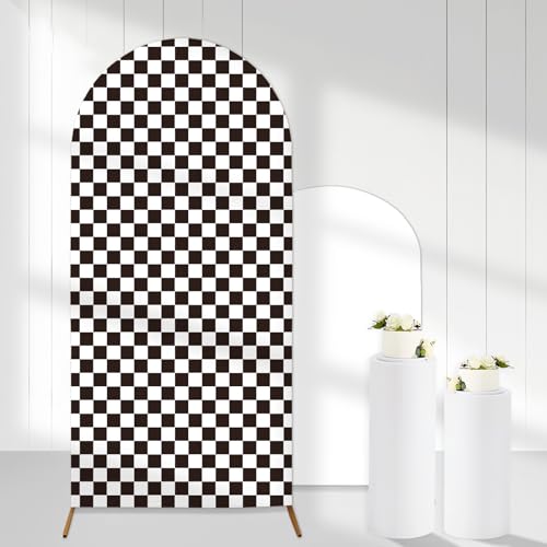 Cheerupp Black White Checkered Arch Backdrop Covers, 6 Ft Boho Stretchy Arch Backdrop Stand Covers Photography Background Black Plaid Arch Stand Covers for Wedding Birthday Baby Shower Party Decor - Image 1